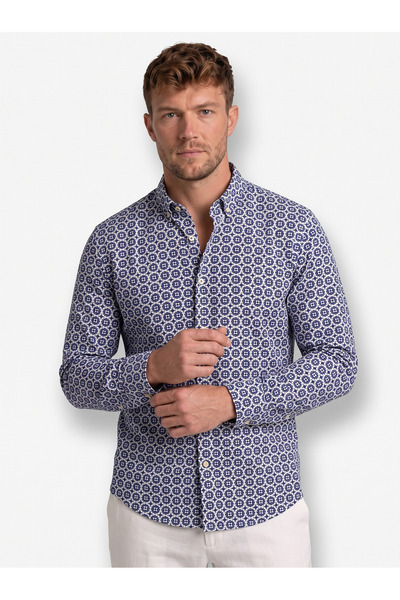 İMAJ MAĞAZACILIK Men's Navy Blue White Geometric Patterned Long Sleeve Shirt