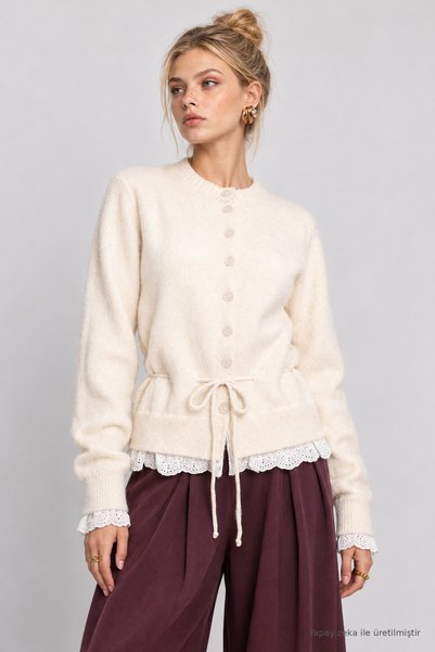 Lovelyİstanbul Cardigan din tricotaj brodat cu flori, cu legături, LAS0012 KEMİN