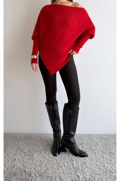 rose tml giyim Asymmetrical Cut Boat Neck Ruffled Stylish Sweater