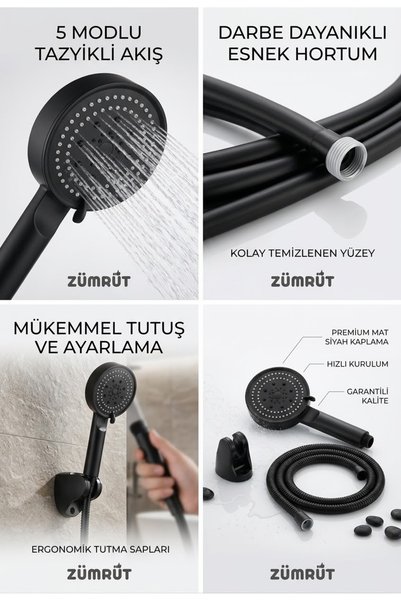 Zümrüt Lüx Mat Siyah Fonksiyonlu Duş Başlığı Seti - Spiral Hortum ve Duvar Askı Aparatlı 3'lü Banyo Seti