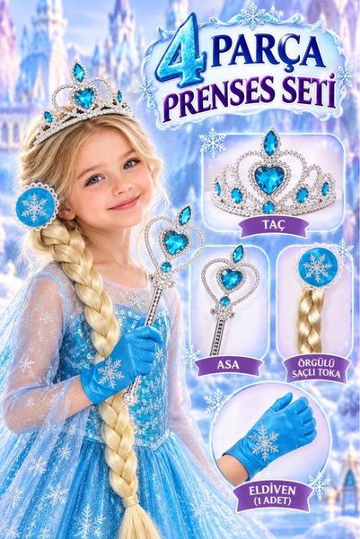Tıfıl Toys 4 Parça Karlar Şehri Prenses Seti Taç Asa Örgülü Saç Tokası ve Eld...