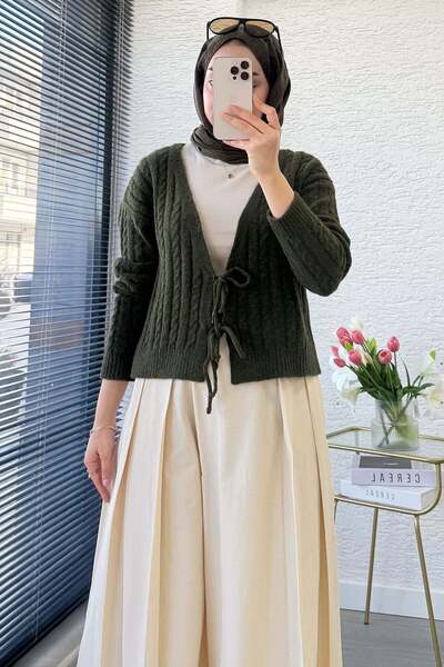 MELEK ARAZ Premium Knitted Patterned Front-Tie Short Knitwear - Khaki