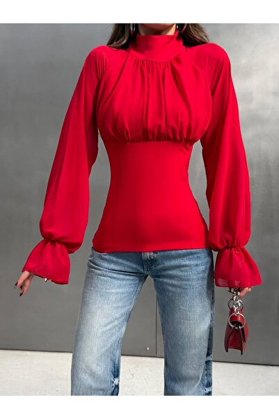 LAMİFUSTORE Corset Detailed Transparent Sleeve Blouse