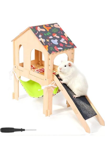 GENERAL 3 in 1 Guinea Pig Hideout, Wooden House with Platform & Stairs & Hammock