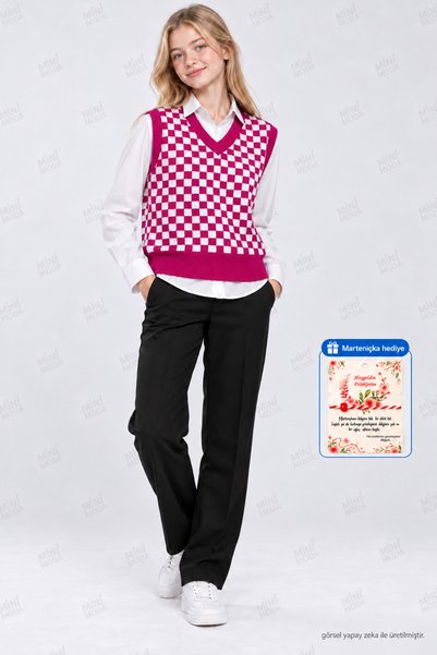Minimoda Kids Girl's Checkerboard Patterned V-Neck Knitwear Sweater