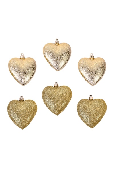 OEM Set de 6 Ornamente pentru Brad de Crăciun Inimi Aurii Mate cu Glitter 7 cm