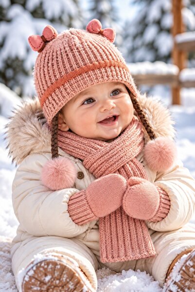 minik'o kids Ki̇tti̇ 26150-04 0-18 Months Baby Girl Scarf, Beanie, Gloves Set