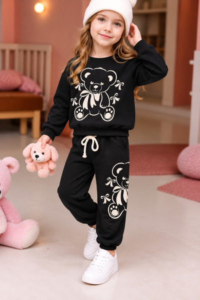 zepkids Girl's Tracksuit Set Teddy Bear Printed Sweatshirt Black Casual Sport...