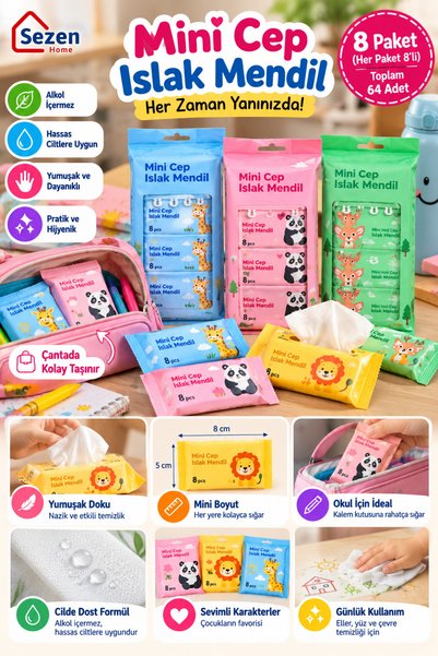 SEZEN HOME Cep Boy Islak Mendil 8 Paket 64 Adet Mini Boy Hayvan Desenli - Oku...