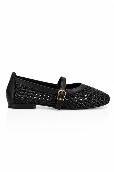 Sira Official Alira Black Gold Buckle Detailed Knitted Ballerinas