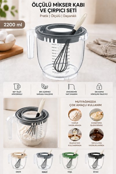 Virela Home 2200 ml Measuring Mixer Bowl and Whisk Set with Lid, Scale Measuring and Preparation Bowl, Blue
