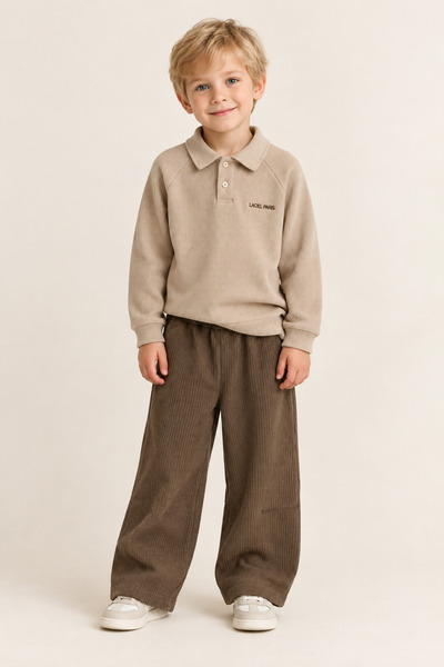 Laciel Prs CİELA Erkek Çocuk Krem Gofre Polo Yaka Düğmeli Uzun Kollu Sweatshirt