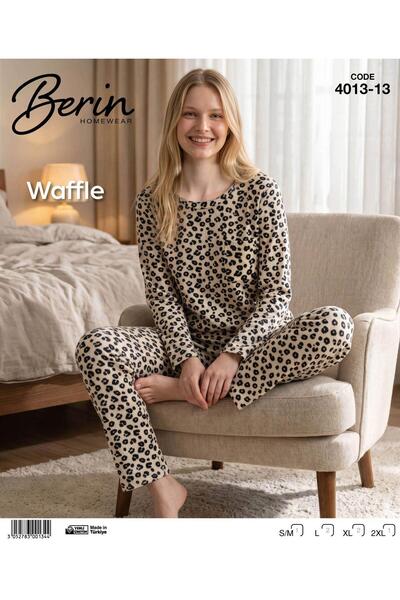 Berin 🐆 HOMEWEAR WAFFLE LEOPAR DESENLİ KADIN PİJAMA TAKIMI 🐆
