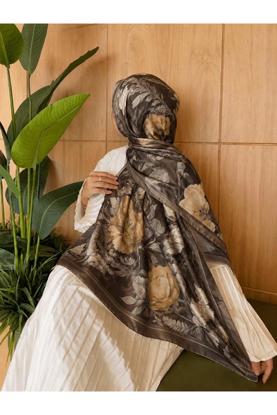 Hepsi Moda Modal Silk Rose Pattern Shawl - Bitter Brown