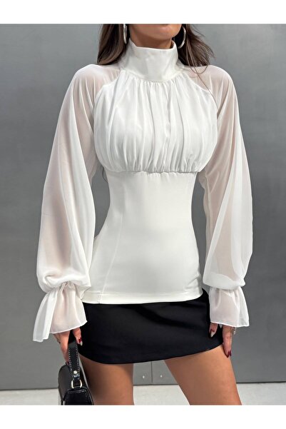 LAMİFUSTORE Bluză cu mâneci transparente și detalii tip corset