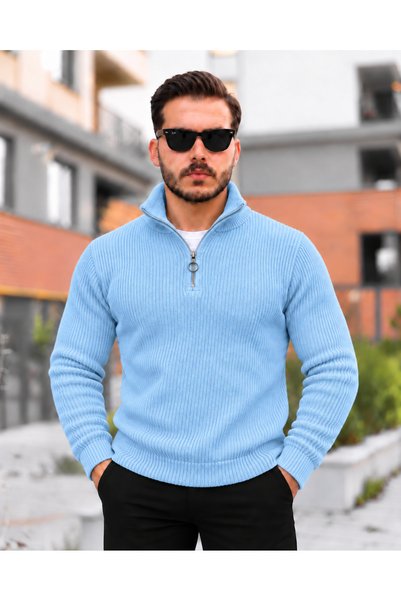 comstar Men's Half Zipper Stand Collar B.Blue Knitwear Sweater