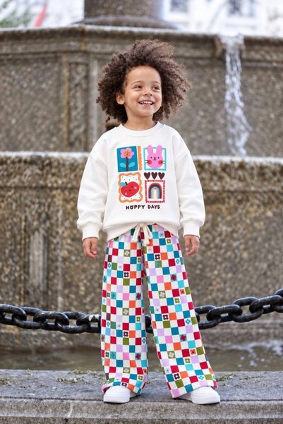 kr kids Girl's Happy Days Printed Sweatshirt and Colorful Checkered Wide-Leg ...