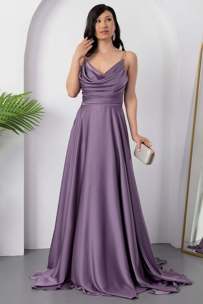 PULLIMM Sweetheart Neckline Shoulder Chain Satin Dress Ecr5609