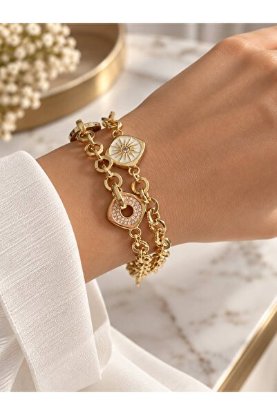 Mum Aşkı Gold Color Stone Figured Double Chain Bracelet
