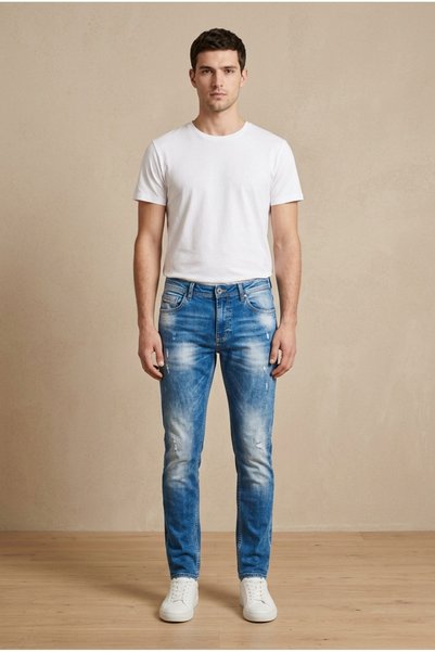 OEM Blugi barbati casual regular fit cu prespalare accentuata si zgarieturi d...