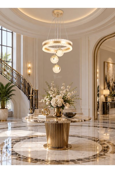best power ثريا علاقي مودرن LED ذهبية بتصميم إطار دائري مرصع بالكريستال وكرات كريستالية متدلية و3 إضاءات - نجفة سقف 42 واط (موديل 6983)