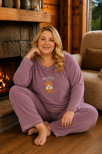 ELİTOL Velvet Lilac Bear Printed Crew Neck Plus Size Women's Pajama Set