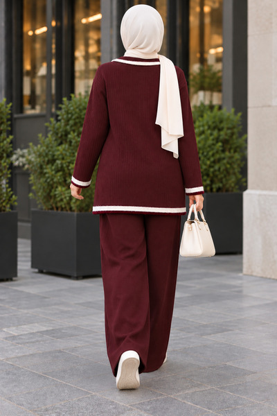 ÇILDIR ÖRME Women's Contrast Striped Double-Breasted Collar Hijab Knitwear Set