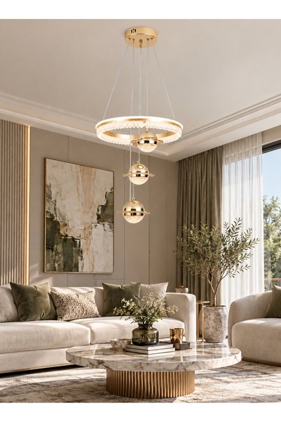 best power ثريا علاقي مودرن LED ذهبية بتصميم إطار دائري مرصع بالكريستال وكرات كوكبية متدلية و3 إضاءات - نجفة سقف 69 واط (موديل 6985)