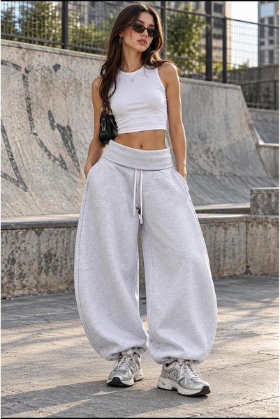 eyonnwear Pantaloni de trening pentru femei, cu talie pliată, model balloon baggy