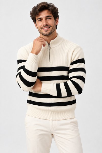 FAVORİST Men's (Striped) Regular Fit Half-Zip Knit Sweater Kpln