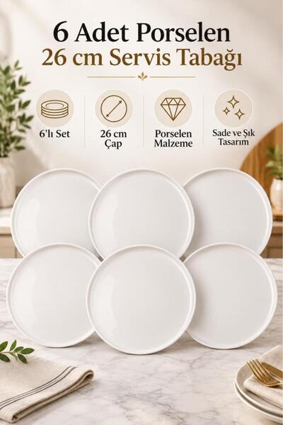 Atbyhome Duru 6'lı Beyaz Porselen Servis Tabağı Seti 26 cm - Düz Kenar Büyük Boy Ana Yemek Ve Sunum Tabağı Takımı