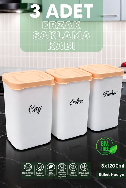 naturelove 3'lü Etiketli Çay Şeker Kahve Kavanozu - Hava Almaz Kapaklı Un Bak...