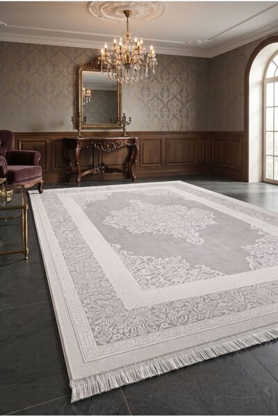 Pastel MİRANDA HALI 276F Gri Krem Beyaz Göbekli Yün Tuşeli Akrilik Halı-160x230