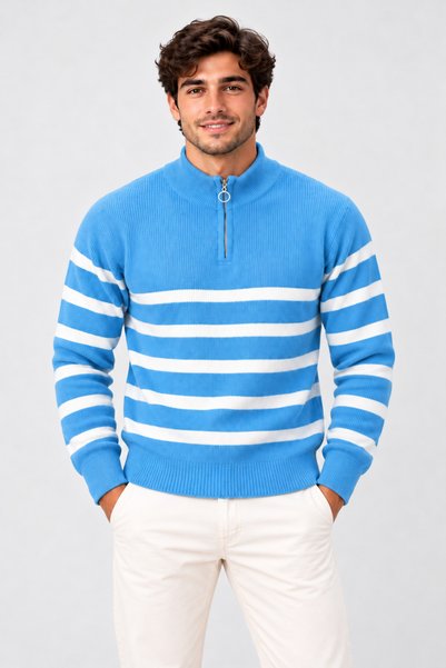 FAVORİST Men's (Striped) Regular Fit Half-Zip Knit Sweater Kpln