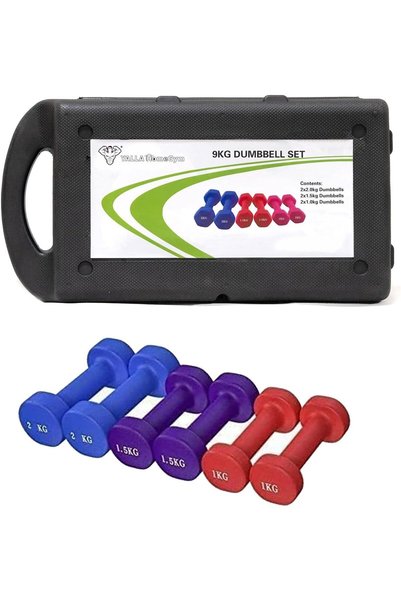 YALLA HomeGym Neoprene Dumbbell Set, 6 Pieces with Carry Case, 9 kg Total, 2 ...