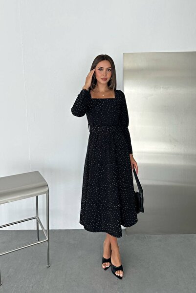 Neşeli Butik Women's Black Stone Embroidered Square Neck Belted A-Line Midi Dress Nbk5005