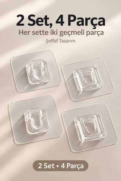Evgereçlerim Geçmeli Klips Eşya Sabitleme Askısı Şeffaf 2 Set 4 Parça Çift Taraflı Yapışkanlı