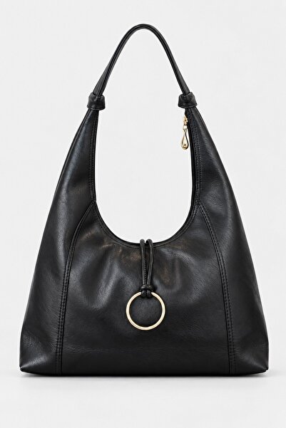 Madamra Black Women's Shopper Bag with Ring Accessories