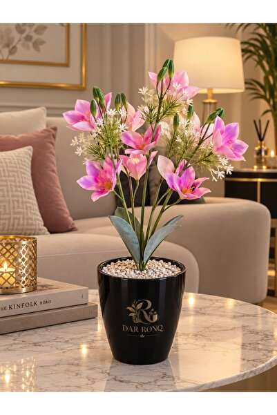 DAR RONQ Artificial Pink Orchid Flowers in Black Luxury Pot - Daroonq