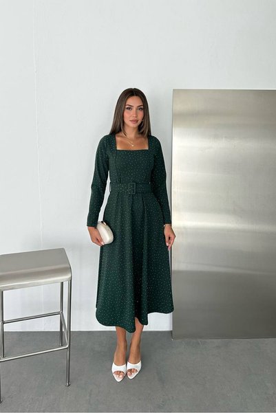 Neşeli Butik Women's Green Stone Embroidered Square Neck Belted A-Line Midi Dress Nbk5005