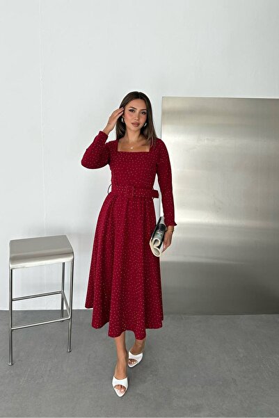 Neşeli Butik Women's Red Stone Embroidered Square Neck Belted A-Line Midi Dress Nbk5005