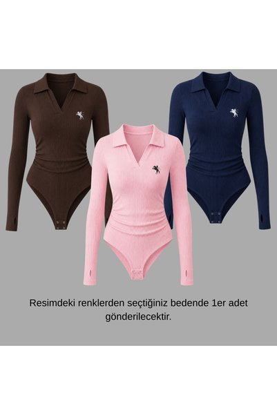 Gofeel Steed Polo Collar Embroidered Drawstring Detailed Bodysuit with Finger...