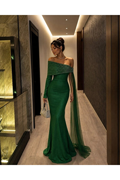 MODA ŞEHRİ Women's One-Shoulder Stone Embellished Tulle Cape Detailed Glitter Crepe Dress