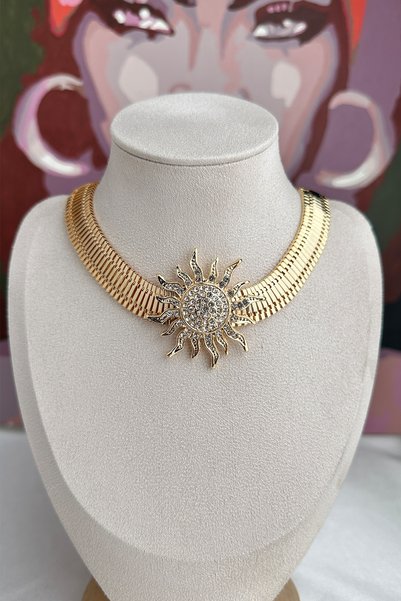 Modex Gold Color Stone Sun Detail Thick Chain Design Necklace (40cm)