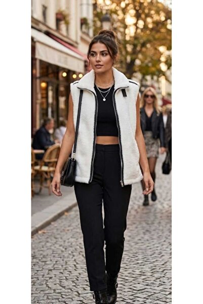 MODA Δερμάτινο γιλέκο με φερμουάρ μπροστά, λεπτομερείς τσέπες και γούνινο για...