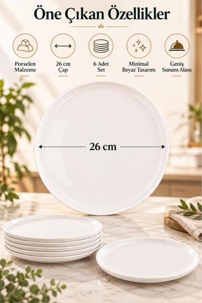 Atbyhome Duru 6'lı Beyaz Porselen Servis Tabağı Seti 26 cm - Düz Kenar Büyük Boy Ana Yemek Ve Sunum Tabağı Takımı