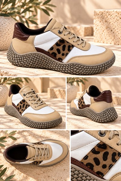 İNZE AYAKKABI Genuine Leather Leopard Patterned Thick Sole Lace-Up Sneaker Model Name: Thetis