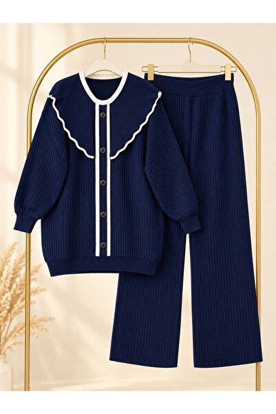 VOLT CLOTHİNG Kadın Tesettür Bebe Yaka Şeritli Triko Pantolonlu Takım