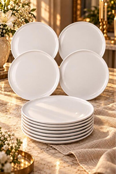 Atbyhome Duru 12'li Beyaz Porselen Servis Tabağı Seti 26 cm - Düz Kenar Büyük Boy Ana Yemek Ve Sunum Tabağı Takımı