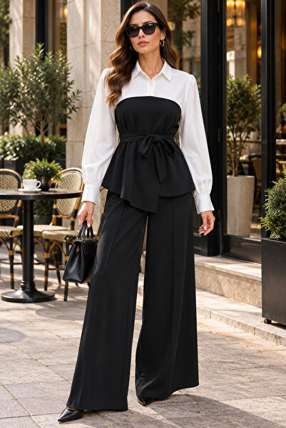 Kokosh moda Timeless Elegance – Women's Shirt Collar Contrast Color Waist Bel...